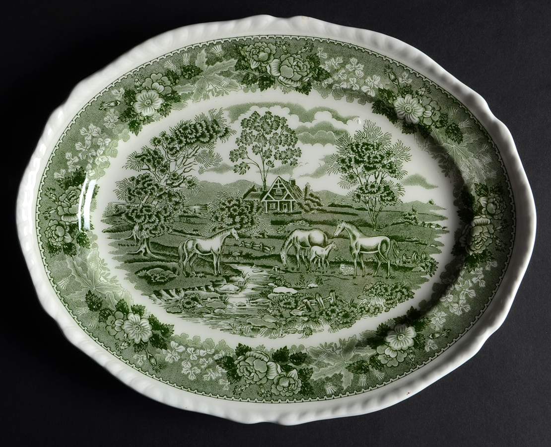English Scenic Green (Scalloped) 11" Oval Serving Platter by Adams China-1
