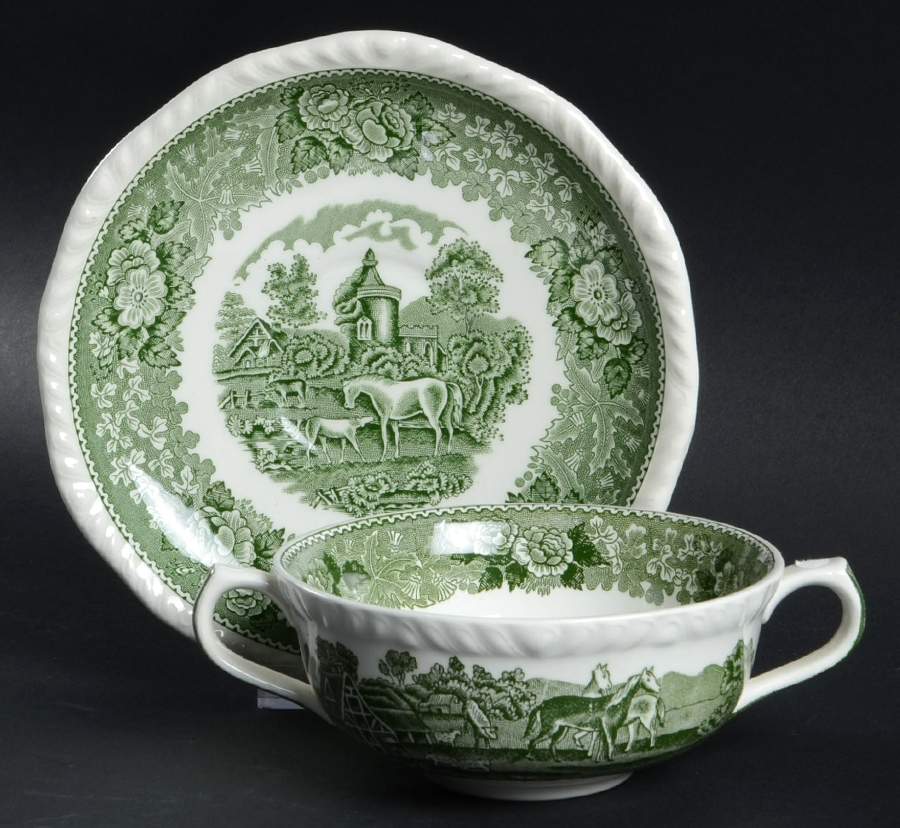 English Scenic Green (Scalloped) Flat Cream Soup Bowl & Saucer Set by Adams China-1