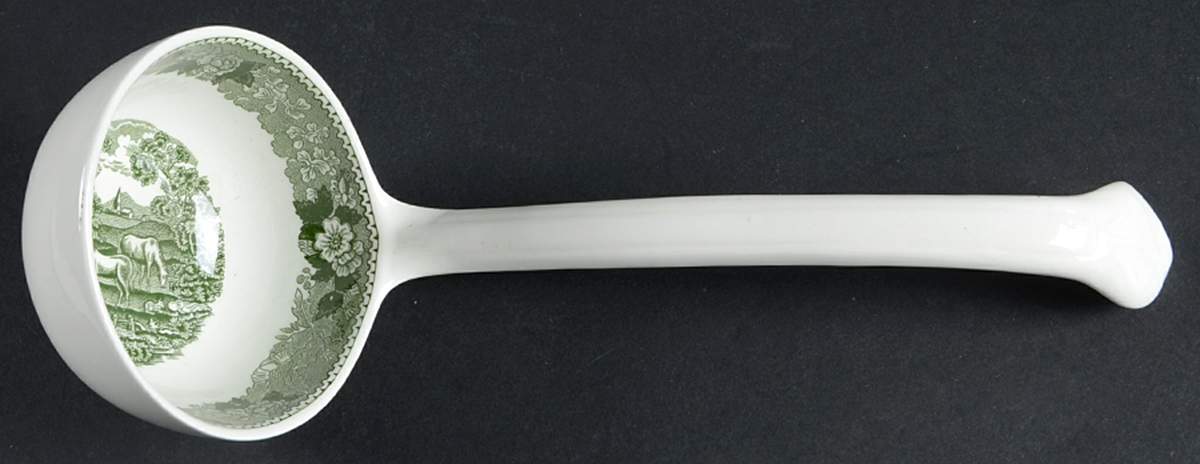 English Scenic Green (Scalloped) Solid China Ladle by Adams China-1