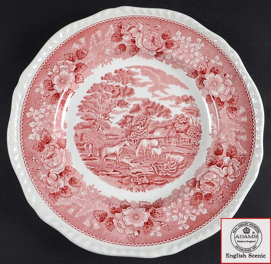 English Scenic Pink (Newer, Scalloped) Dinner Plate by Adams China-1