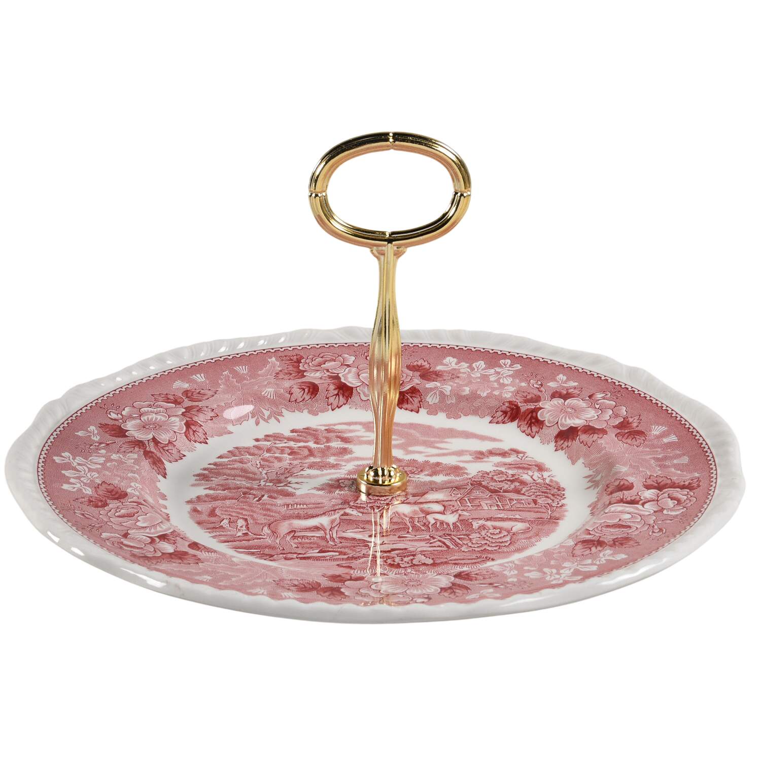 English Scenic Pink (Newer, Scalloped) Round Serving Plate with Center Handle (Dp) Hc by Adams China-1