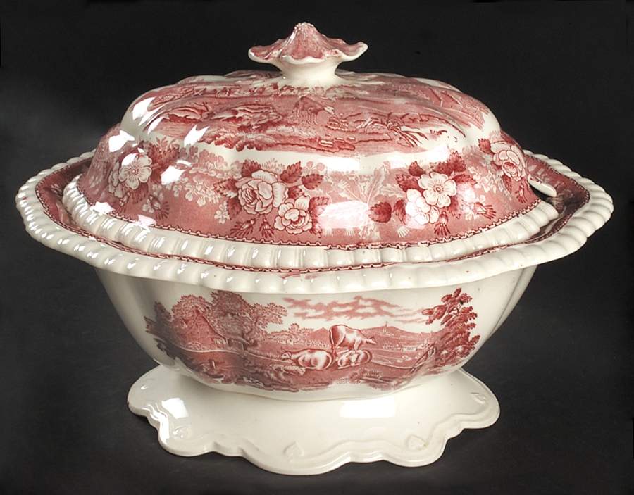 English Scenic Pink (Newer, Scalloped) Tureen &  Lid by Adams China-1