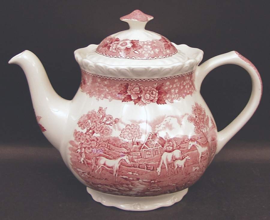 English Scenic Pink (Newer, Scalloped) Teapot & Lid by Adams China-1