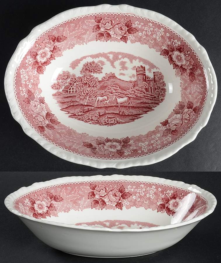 English Scenic Pink (Newer, Scalloped) 9" Oval Vegetable Bowl by Adams China-1