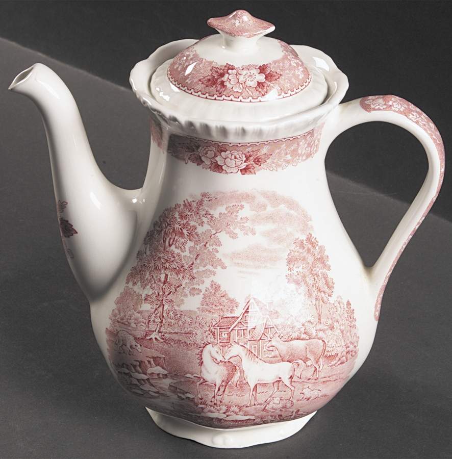 English Scenic Pink (Newer, Scalloped) Small Coffee Pot & Lid by Adams China-1