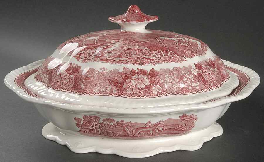 English Scenic Pink (Newer, Scalloped) Oval Covered Vegetable by Adams China-1