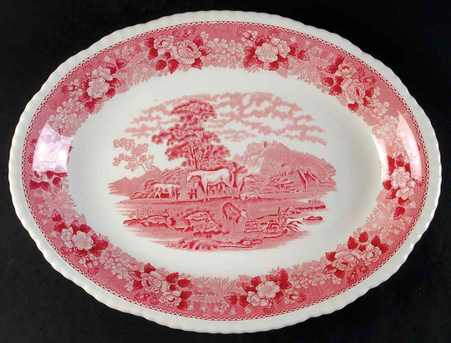 English Scenic Pink (Newer, Scalloped) 14" Oval Serving Platter by Adams China-1
