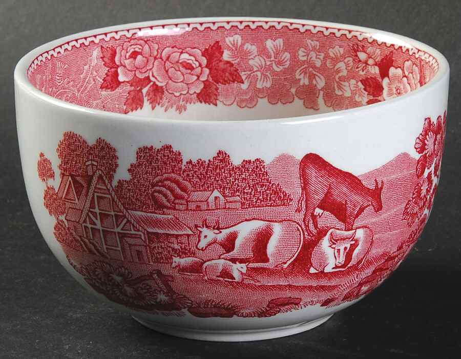 English Scenic Pink (Newer, Scalloped) Open Sugar Bowl by Adams China-1