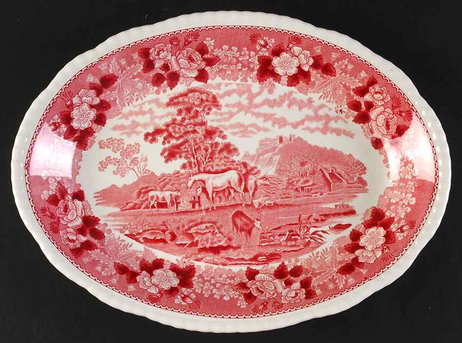 English Scenic Pink (Newer, Scalloped) 12" Oval Serving Platter by Adams China-1