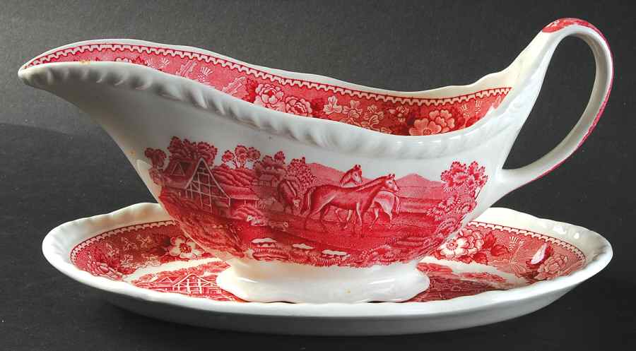 English Scenic Pink (Newer, Scalloped) Gravy Boat & Underplate/Relish by Adams China-1