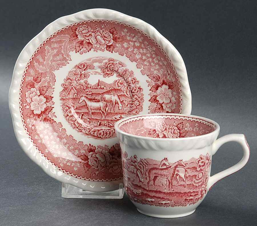 English Scenic Pink (Newer, Scalloped) Flat Cup & Saucer Set by Adams China-1