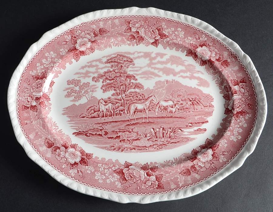 English Scenic Pink (Newer, Scalloped) 13" Oval Serving Platter by Adams China-1
