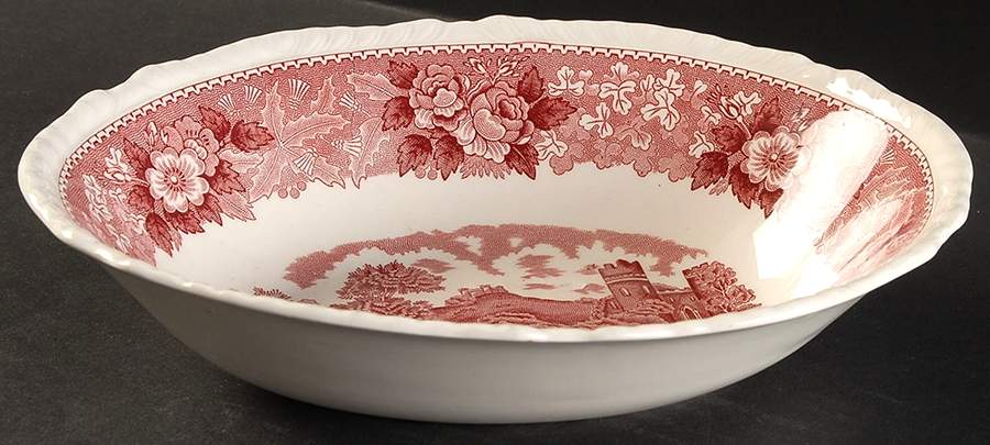English Scenic Pink (Newer, Scalloped) 9" Oval Vegetable Bowl by Adams China-1