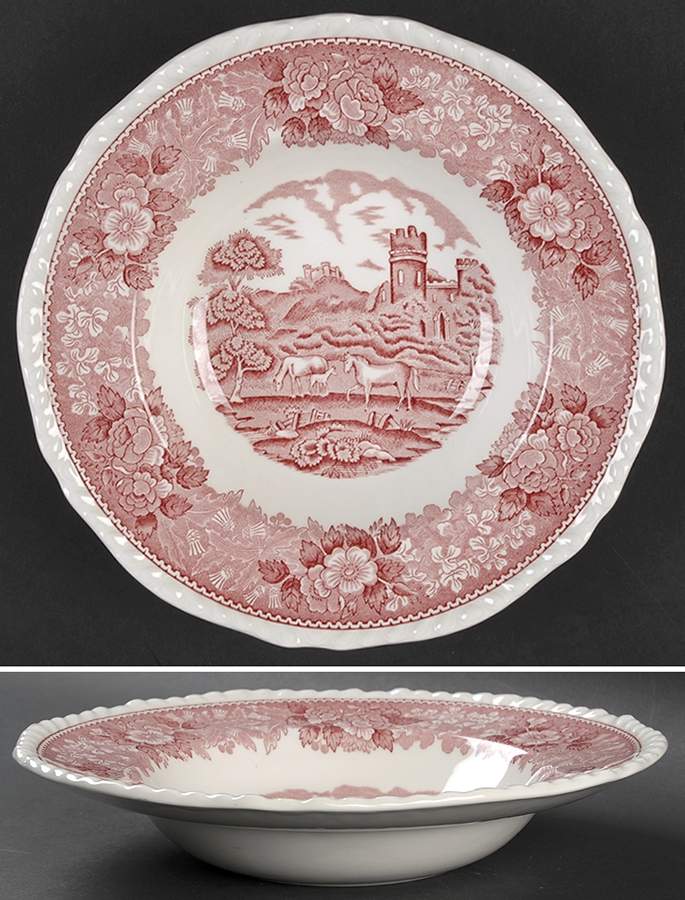 English Scenic Pink (Newer, Scalloped) Rim Soup Bowl by Adams China-1