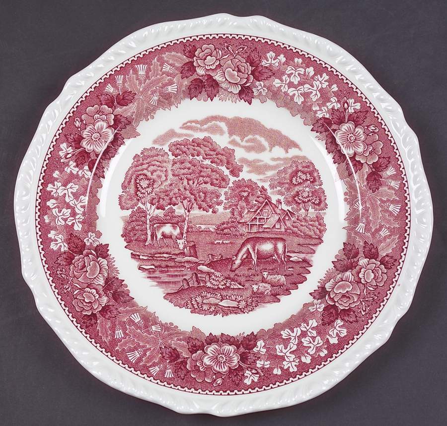 English Scenic Pink (Newer, Scalloped) Luncheon Plate by Adams China-1