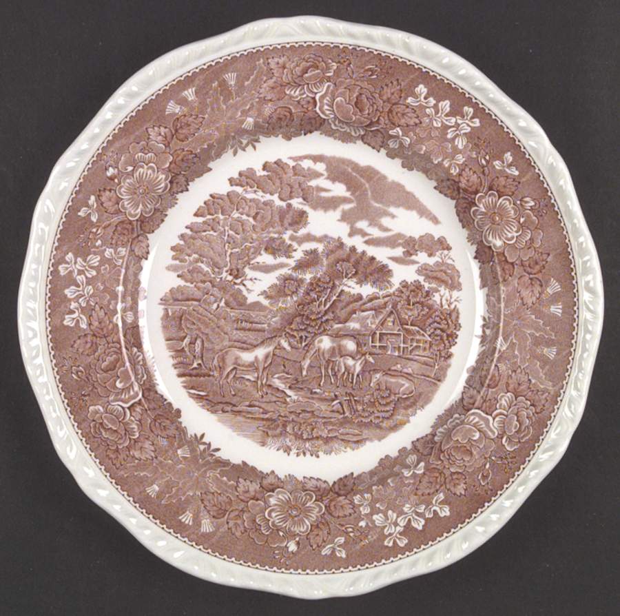 English Scenic Pink (Newer, Scalloped) Dinner Plate by Adams China-1