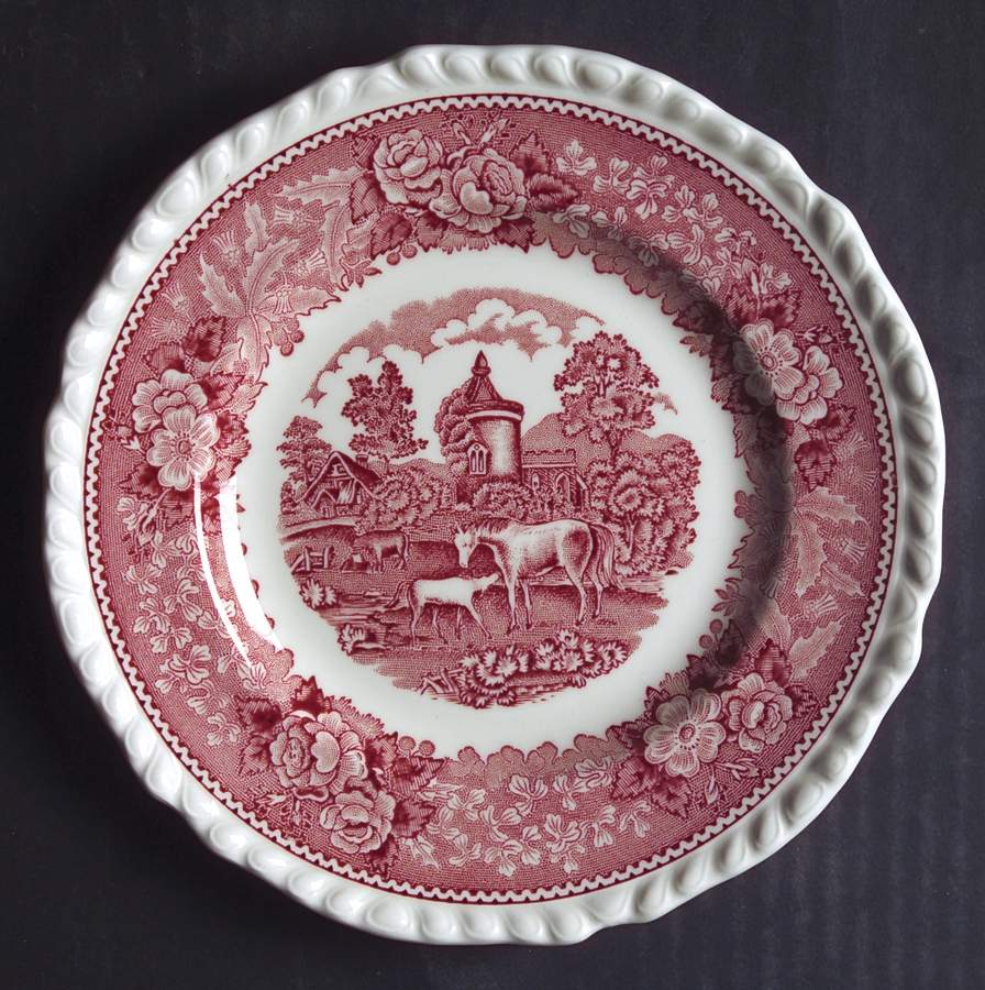 English Scenic Pink (Newer, Scalloped) Dessert/Pie Plate by Adams China-1