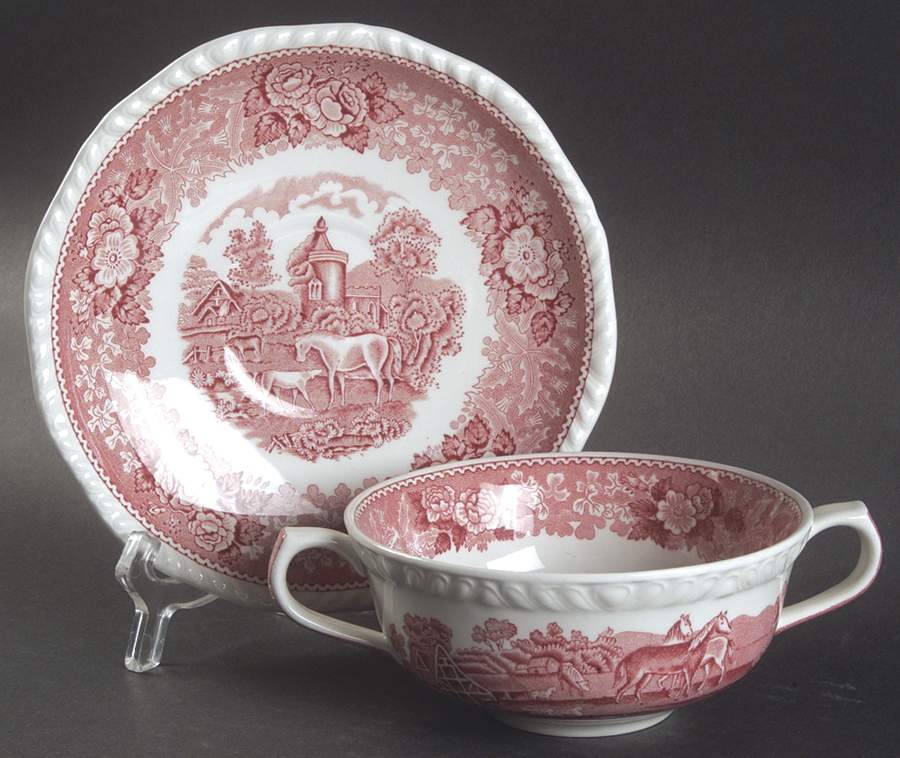 English Scenic Pink (Newer, Scalloped) Flat Cream Soup Bowl & Saucer Set by Adams China-1