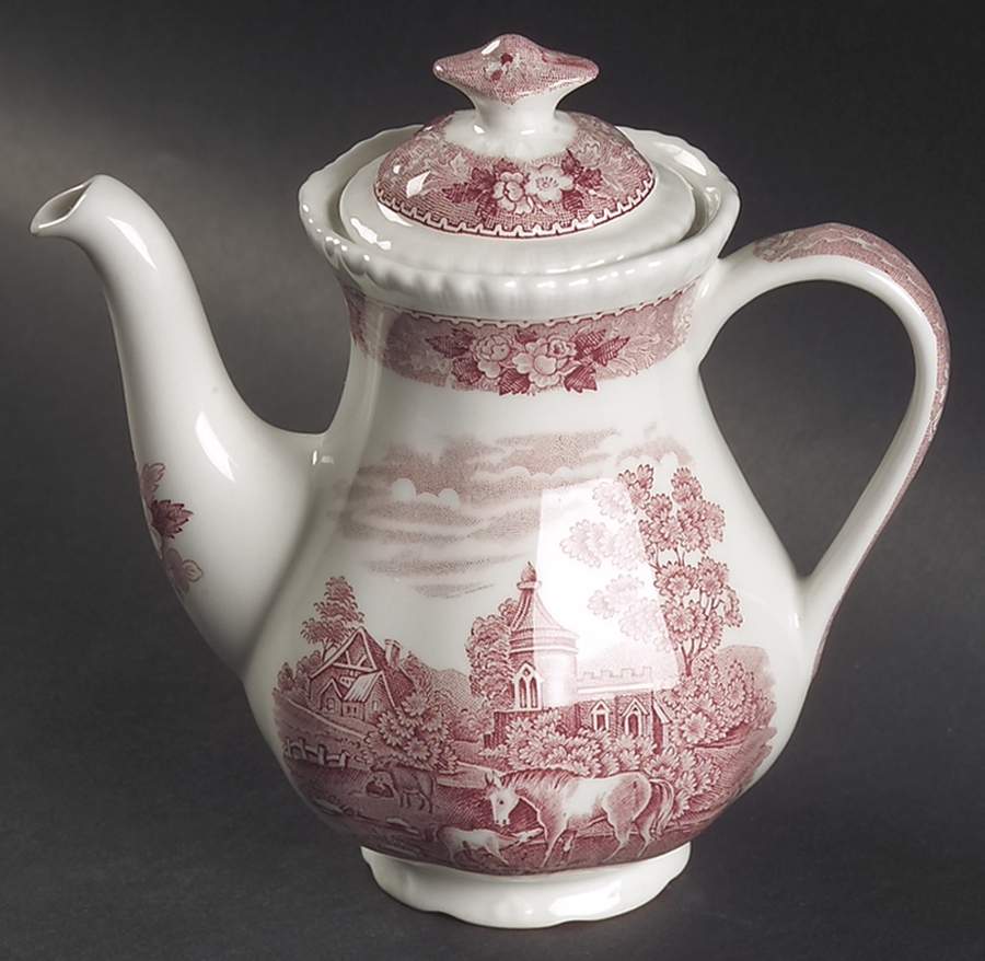 English Scenic Pink (Newer, Scalloped) Individual Coffee Pot & Lid by Adams China-1
