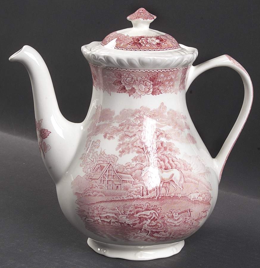 English Scenic Pink (Newer, Scalloped) Coffee Pot & Lid by Adams China-1