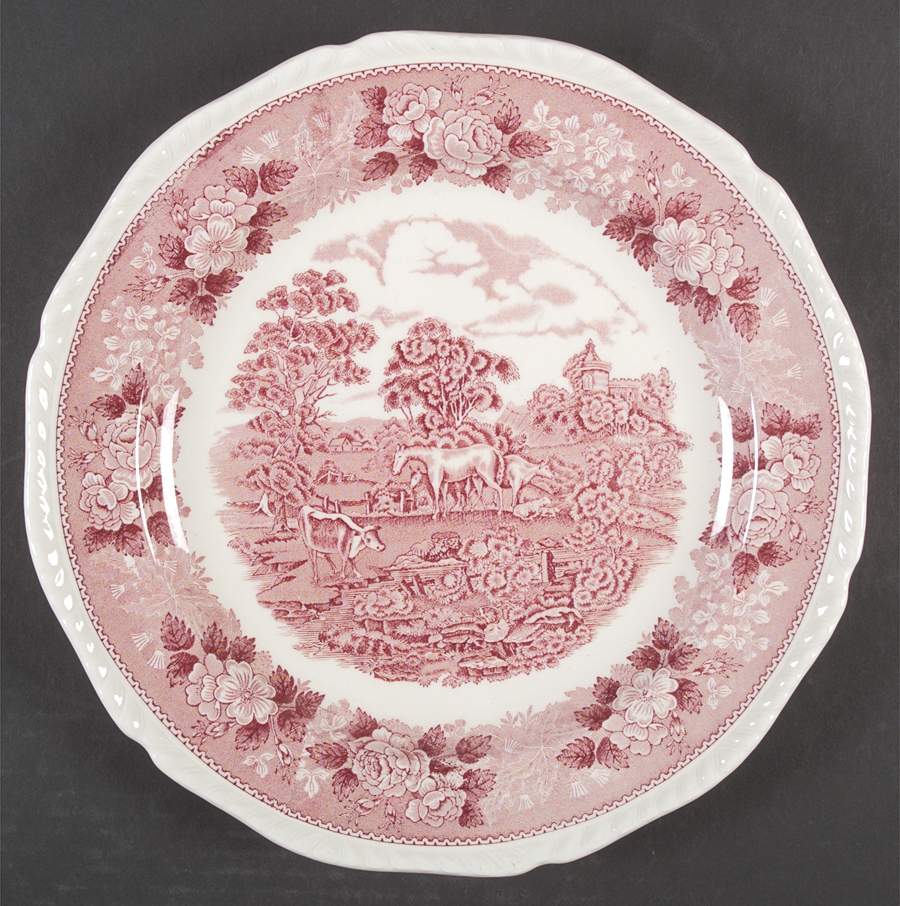 English Scenic Pink (Newer, Scalloped) 12" Chop Plate (Round Platter) by Adams China-1