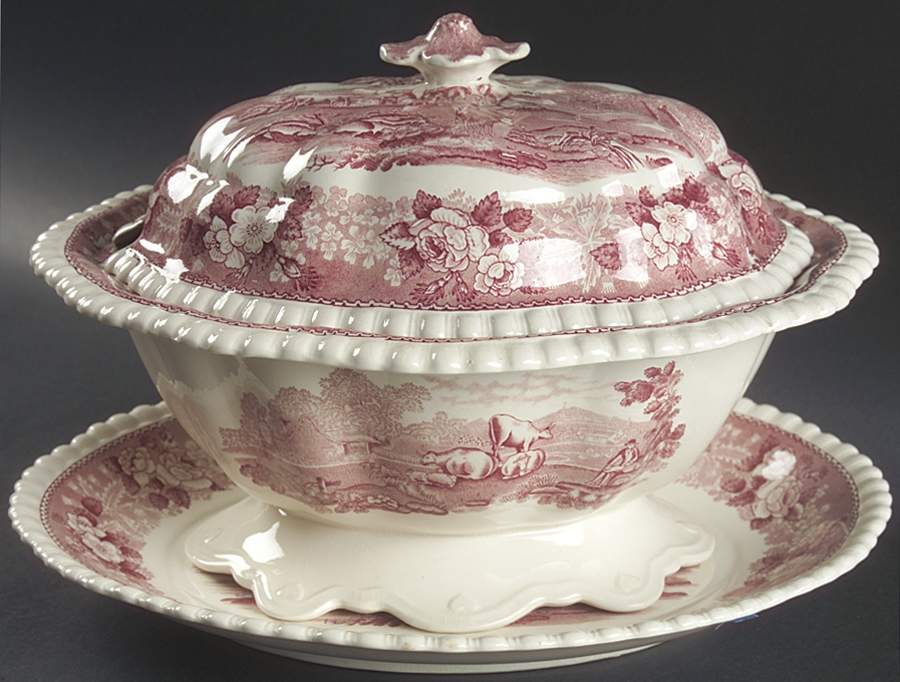 English Scenic Pink (Newer, Scalloped) Tureen & Lid w/Underplate by Adams China-1