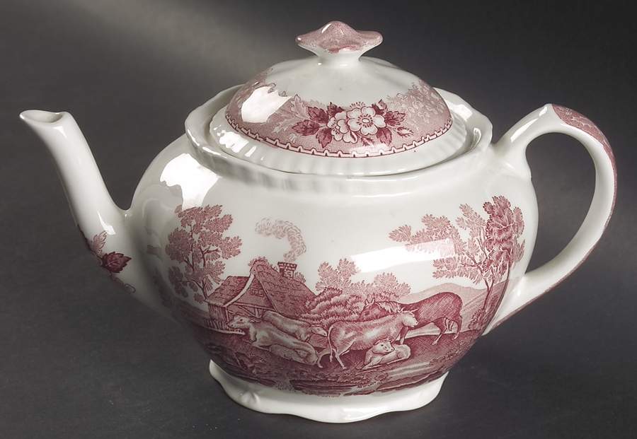 English Scenic Pink (Newer, Scalloped) Teapot & Lid by Adams China-1