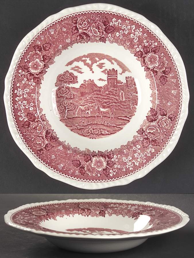 English Scenic Pink (Newer, Scalloped) Large Rim Soup Bowl by Adams China-1