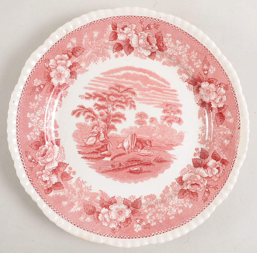 English Scenic Pink (Older-Cream) Luncheon Plate by Adams China-1