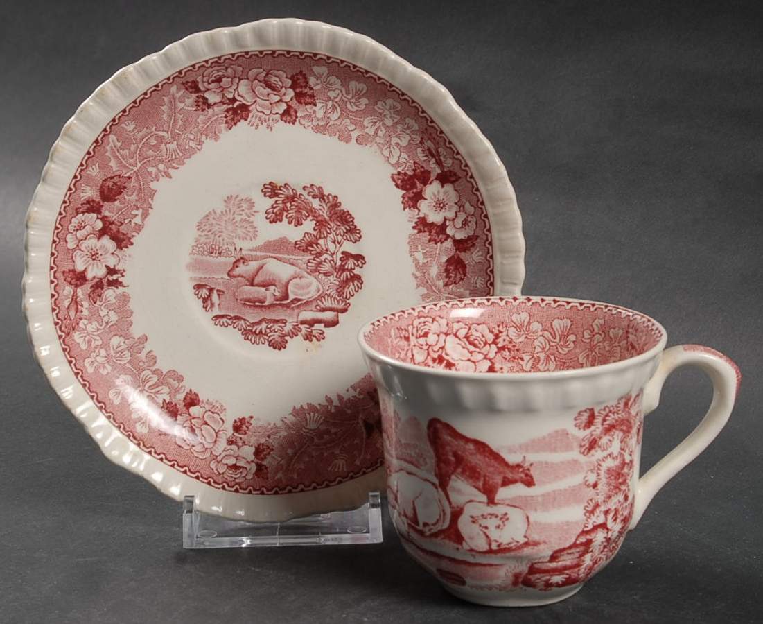 English Scenic Pink (Older-Cream) Flat Demitasse Cup & Saucer Set by Adams China-1