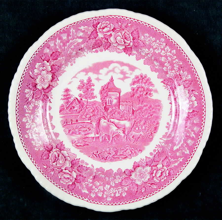 English Scenic Pink (Older-Cream) Dessert/Pie Plate by Adams China-1