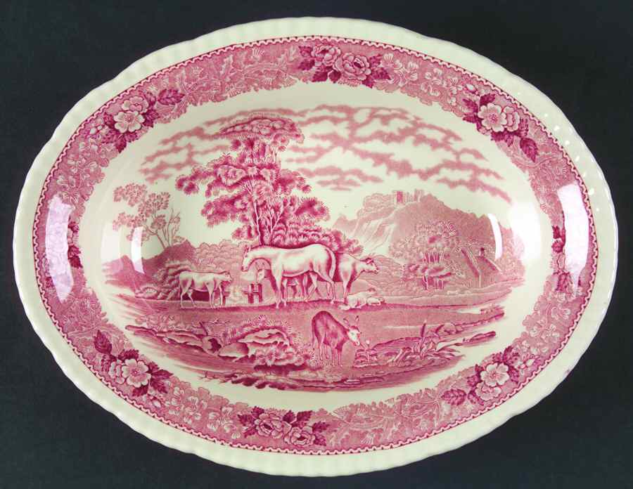 English Scenic Pink (Older-Cream) 10" Oval Vegetable Bowl by Adams China-1