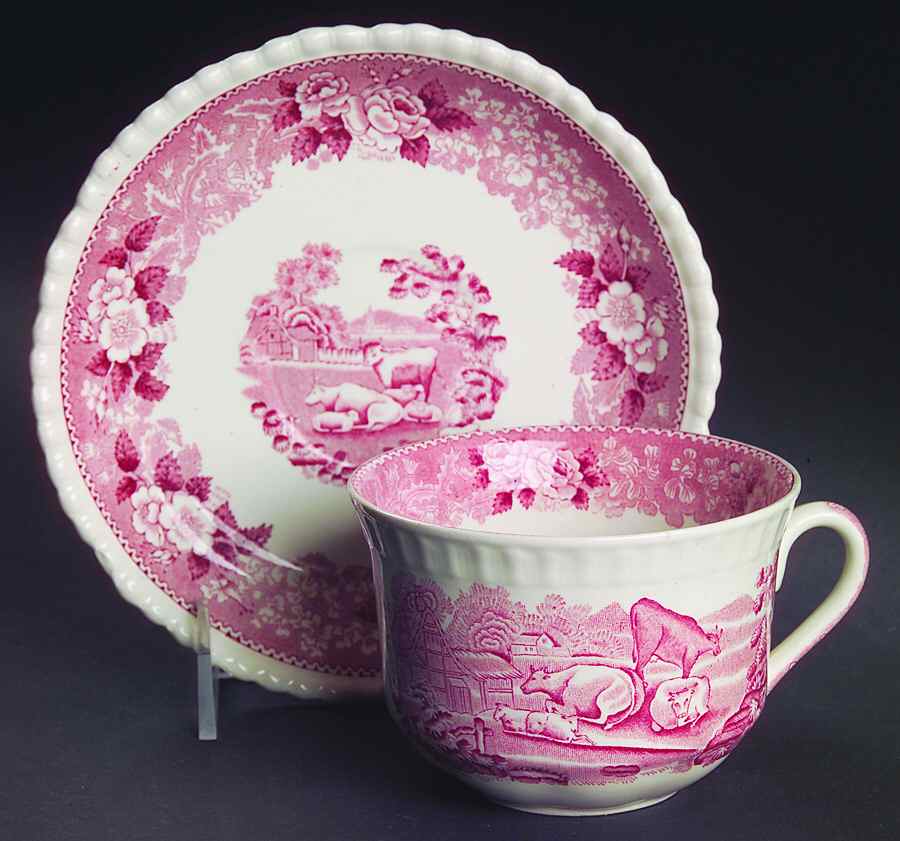 English Scenic Pink (Older-Cream) Oversized Cup & Saucer Set by Adams China-1