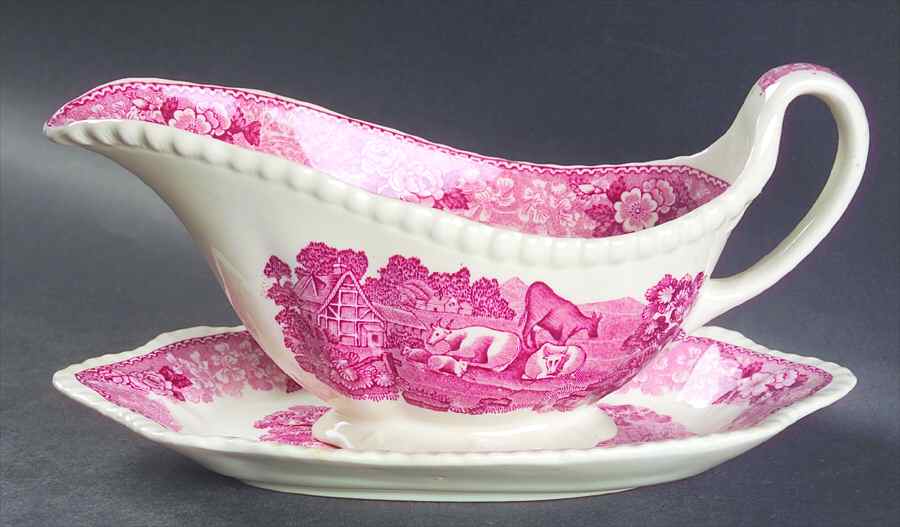 English Scenic Pink (Older-Cream) Gravy Boat & Underplate/Relish by Adams China-1