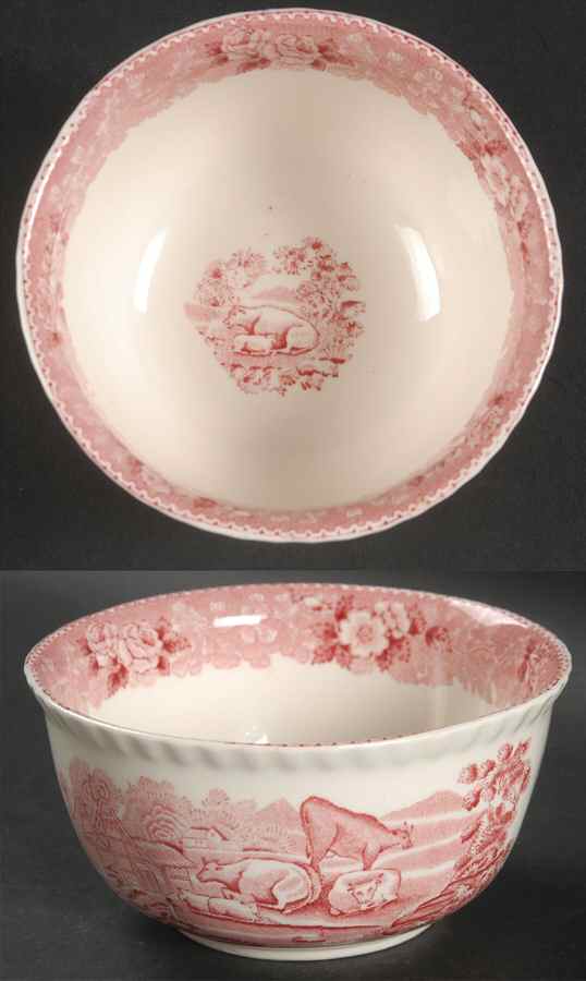 English Scenic Pink (Older-Cream) Cranberry Bowl by Adams China-1