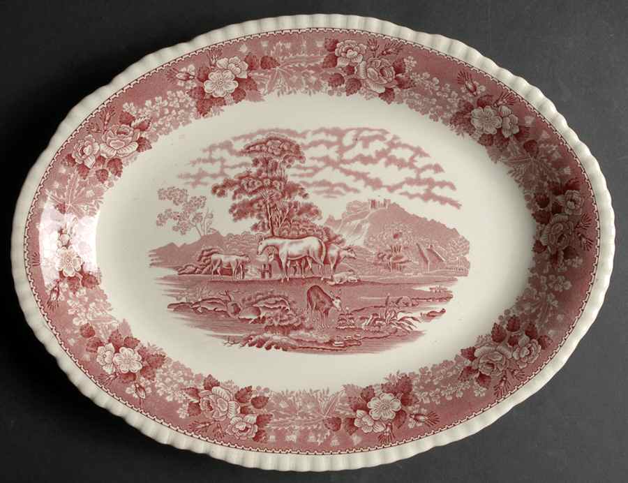 English Scenic Pink (Older-Cream) 14" Oval Serving Platter by Adams China-1