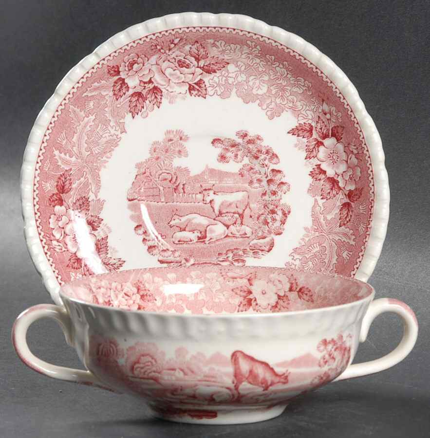 English Scenic Pink (Older-Cream) Flat Cream Soup Bowl & Saucer Set by Adams China-1