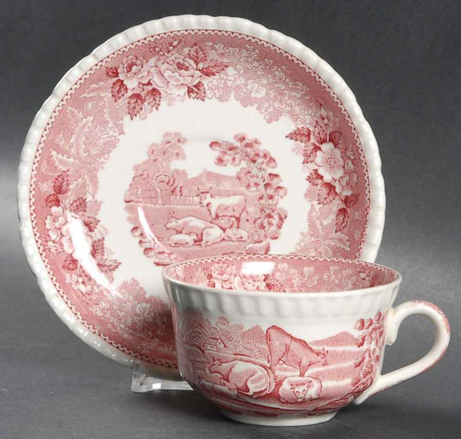 English Scenic Pink (Older-Cream) Flat Cup & Saucer Set by Adams China-1