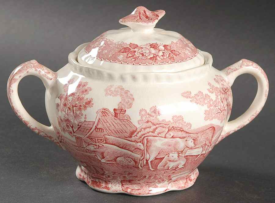 English Scenic Pink (Older-Cream) Sugar Bowl & Lid by Adams China-1