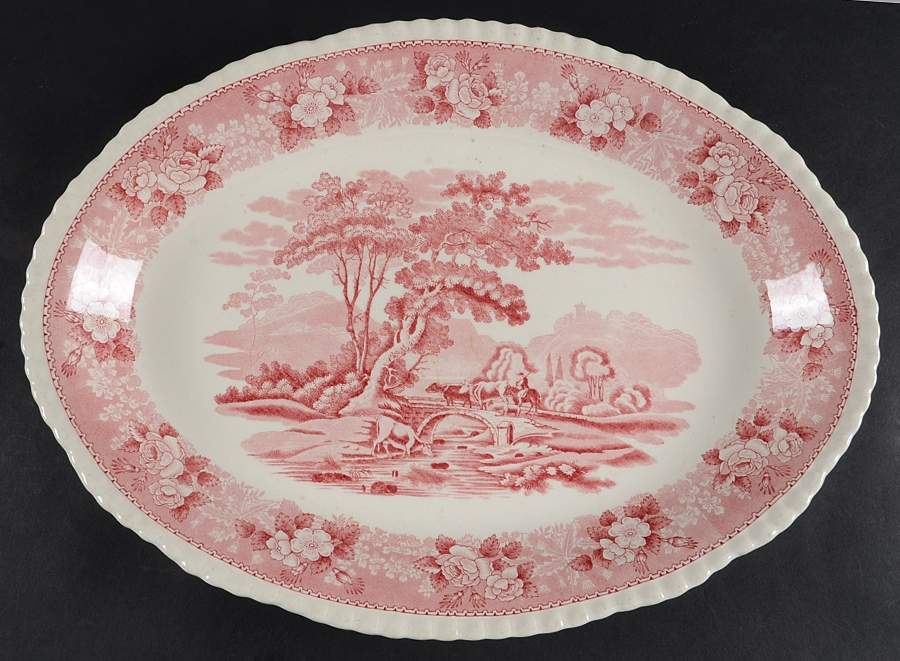 English Scenic Pink (Older-Cream) 16" Oval Serving Platter by Adams China-1