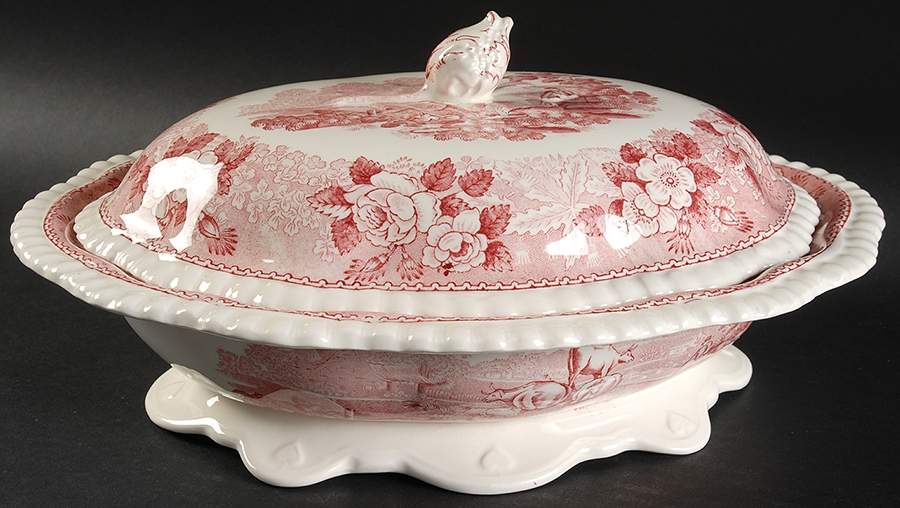 English Scenic Pink (Older-Cream) Oval Covered Vegetable by Adams China-1