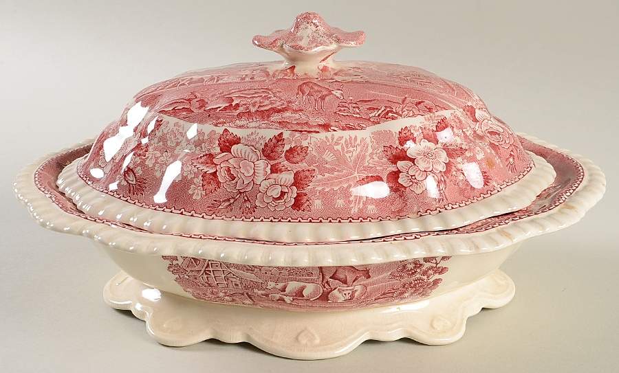English Scenic Pink (Older-Cream) Oval Covered Vegetable by Adams China-1