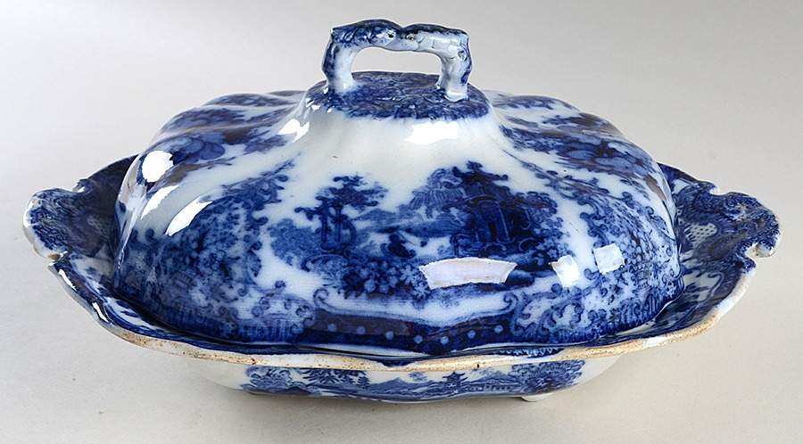 Fairy Villas (Flow Blue, Center Scene) Oval Covered Vegetable by Adams China-1