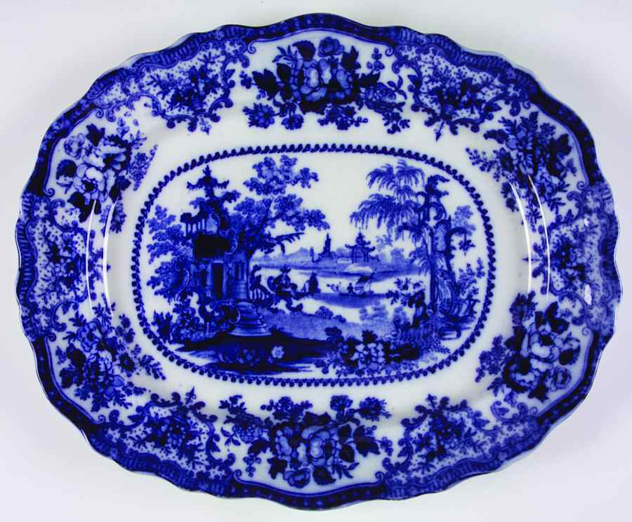 Fairy Villas (Flow Blue, Center Scene) 15" Oval Serving Platter by Adams China-1