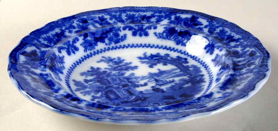Fairy Villas (Flow Blue, Center Scene) Rim Soup Bowl by Adams China-1