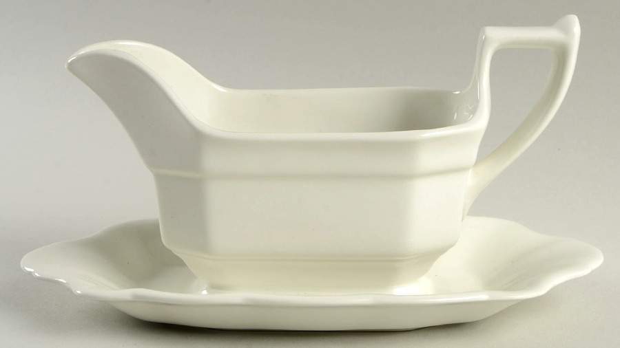 Hexagon White Gravy Boat with Attached Underplate by Adams China-1