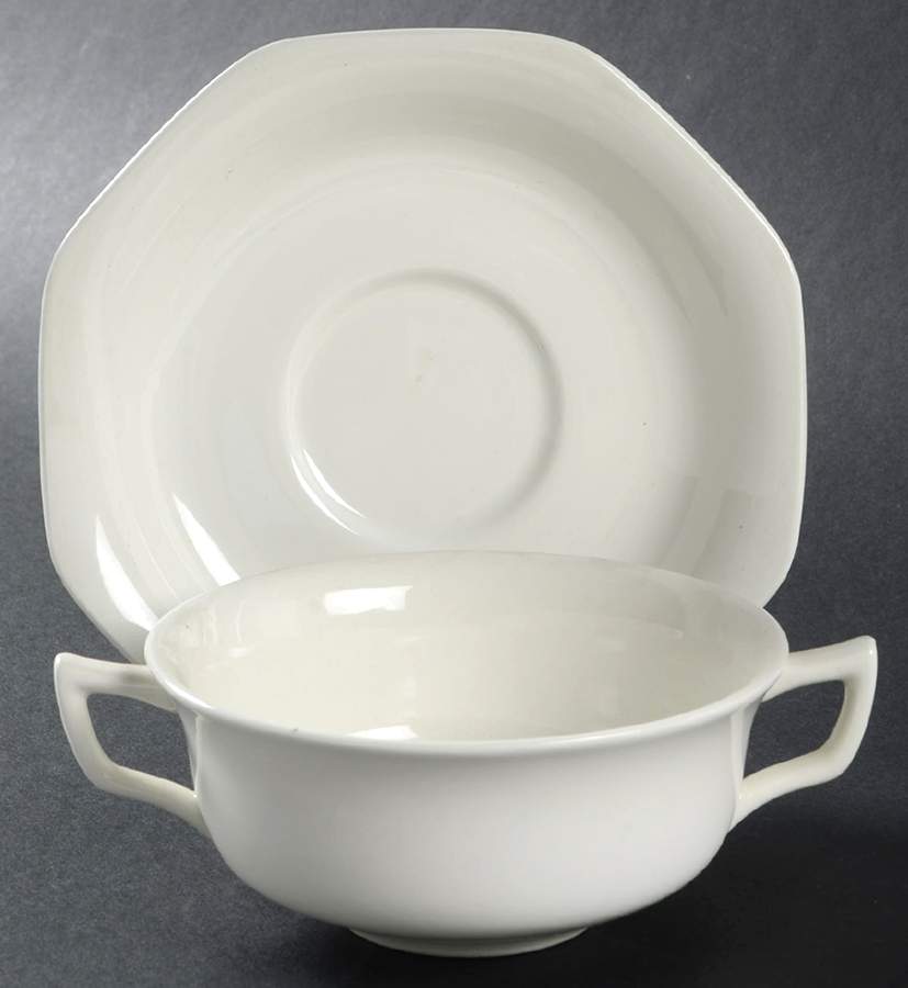 Hexagon White Flat Cream Soup Bowl & Saucer Set by Adams China-1