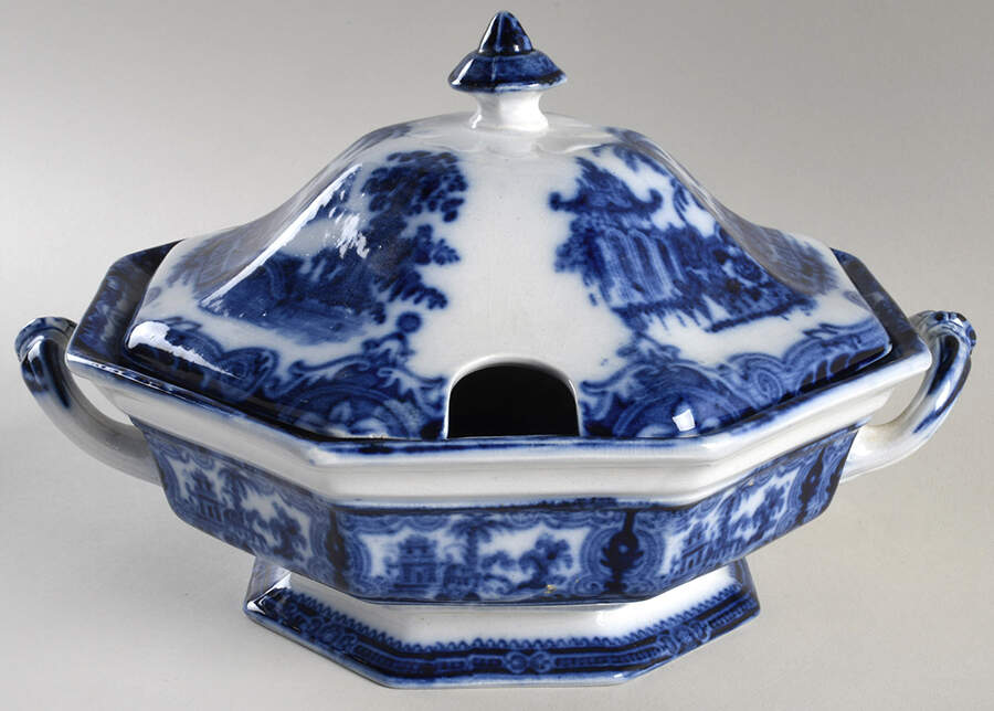 Kyber (Flow Blue, No Trim) Tureen &  Lid by Adams China-1