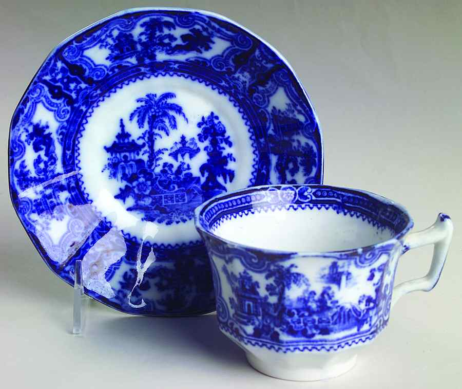 Kyber (Flow Blue, No Trim) Footed Cup & Saucer Set by Adams China-1