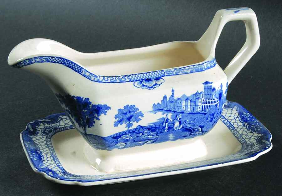 Landscape (Blue & White) Gravy Boat with Attached Underplate by Adams China-1